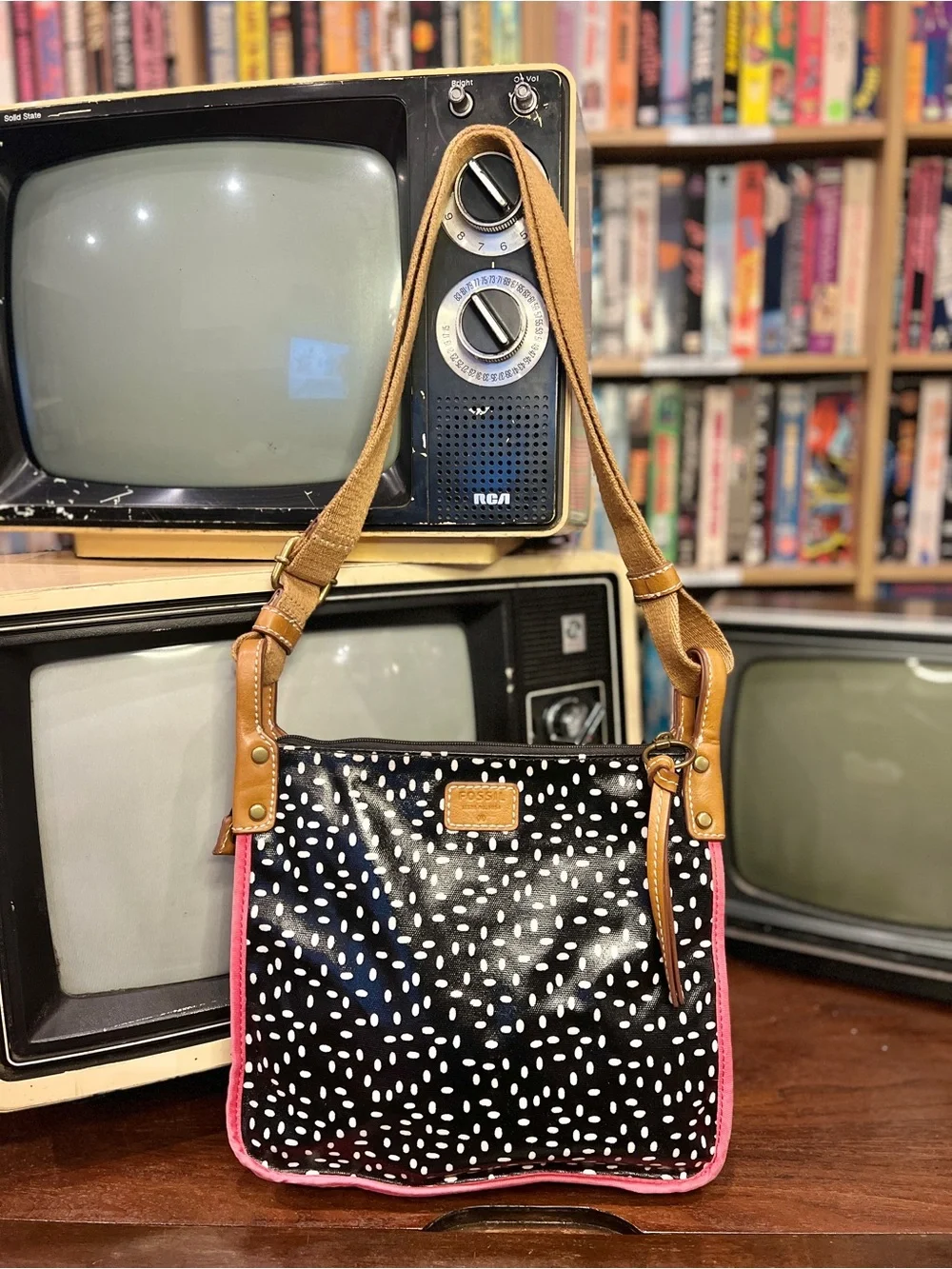 Fossil Black White Polka Dot Coated Canvas Crossbody Shoulder Bag